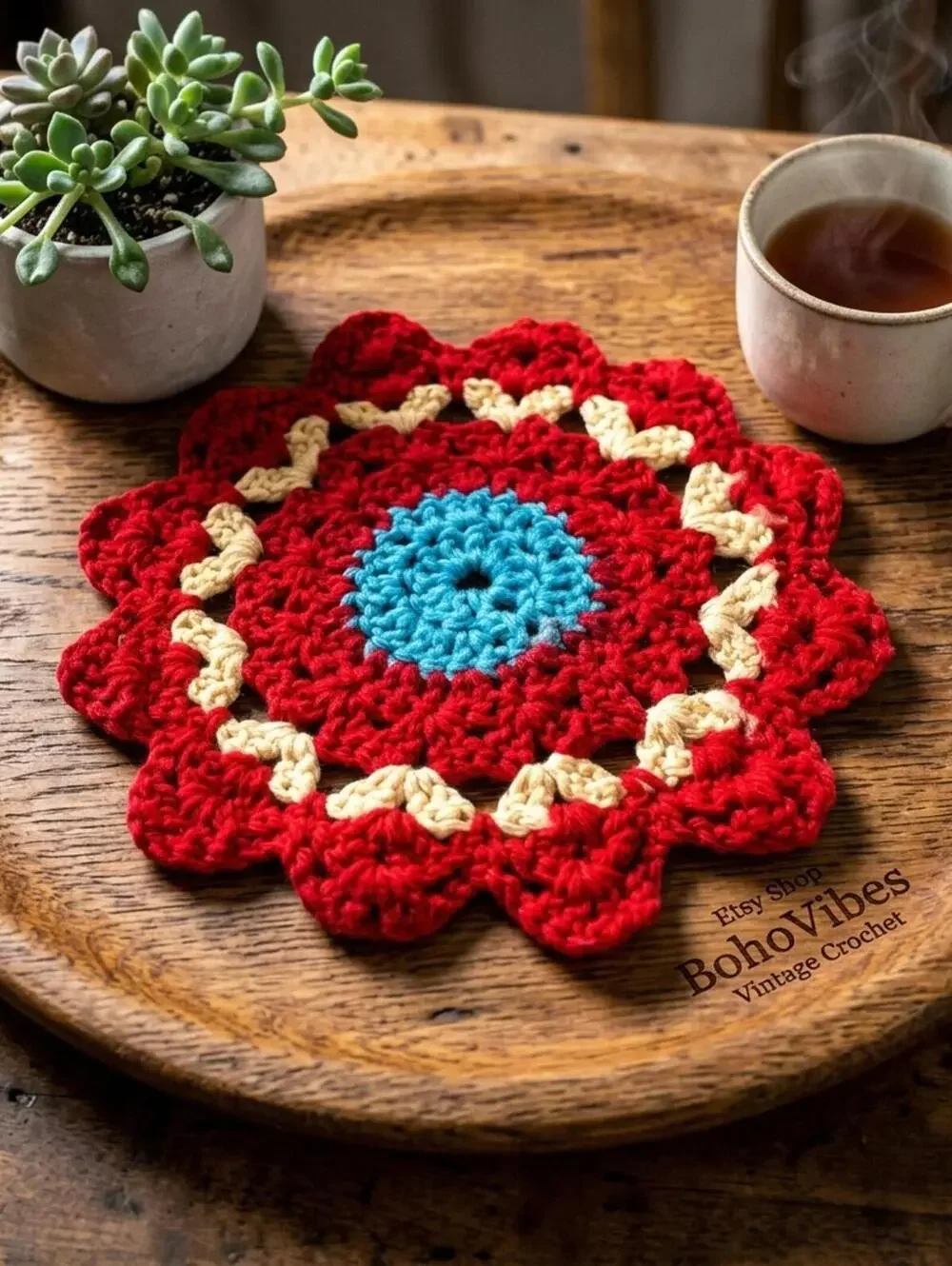Boho Crochet Doily, Red Cream Turquoise, 10 Inch Table Decor, Retro 1970s Style